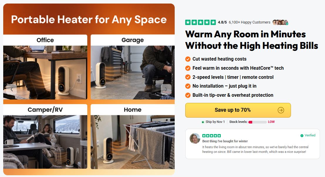 Heatomi Heater used in office, garage, camper RV and home