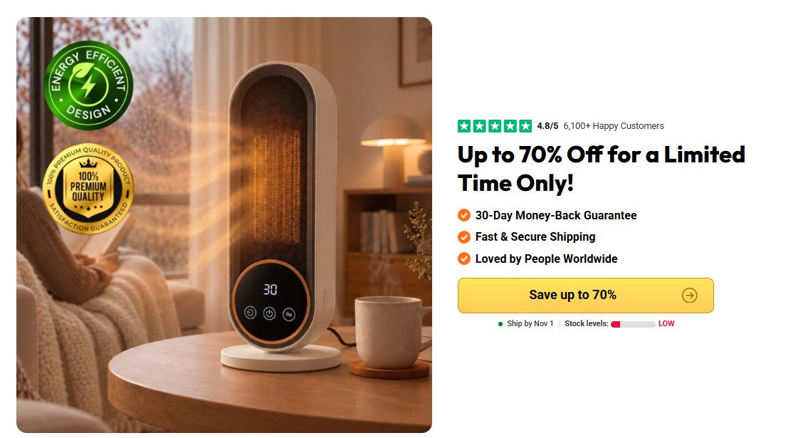 Heatomi Heater warming a cozy living room